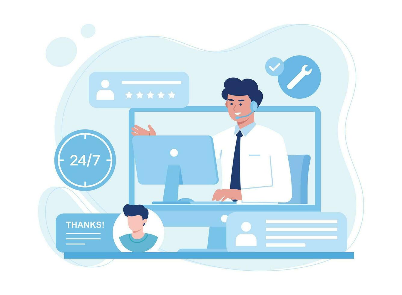 customer service, hotline operator consults with customer with headset on computer concept flat illustration vector