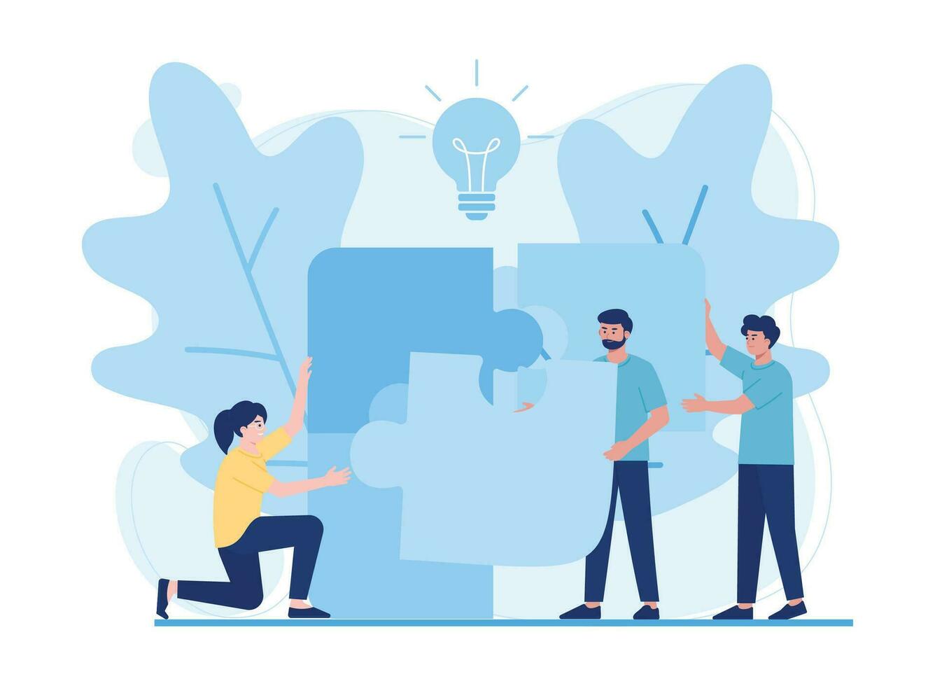 putting together a jigsaw puzzle teamwork partnership concept flat illustration vector