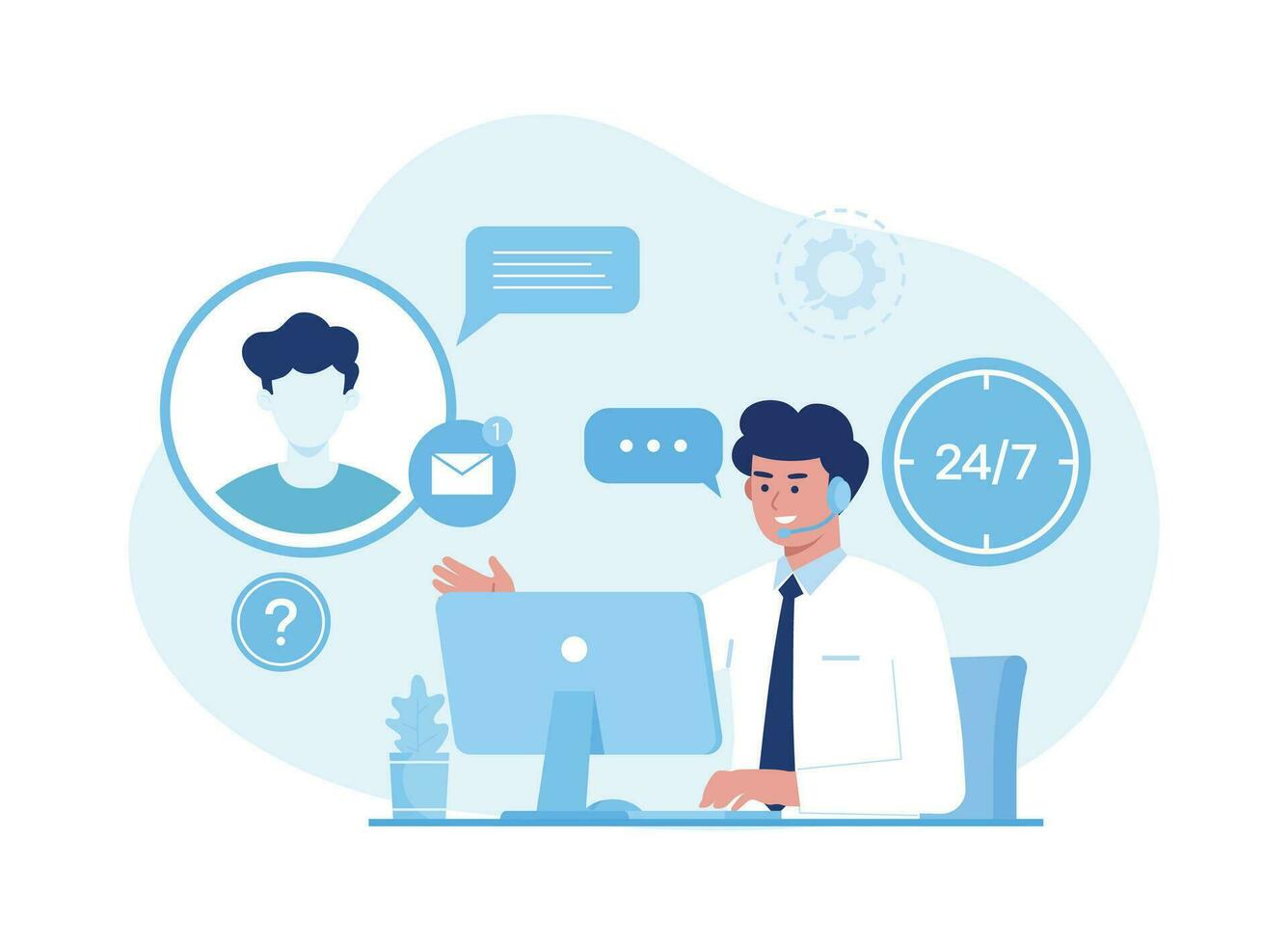 online customer service call and chat, 24 hours global concept flat illustration vector
