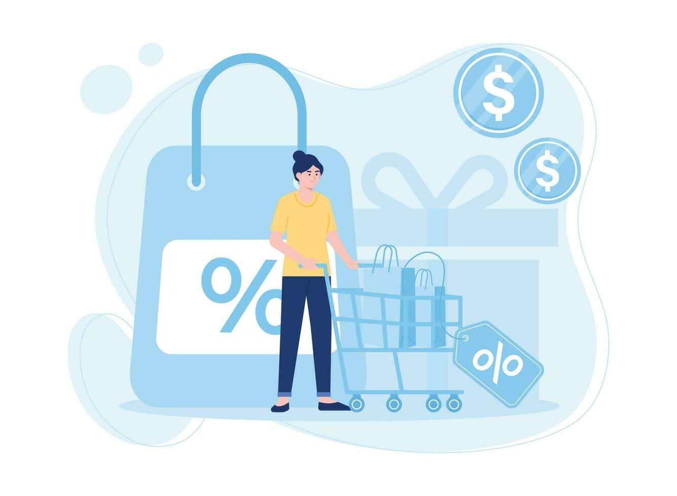 mujer compras a en línea tienda obtener grande descuentos concepto plano ilustración vector