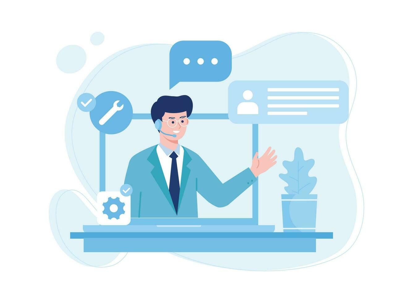 man on laptop showing customer support management concept flat illustration vector