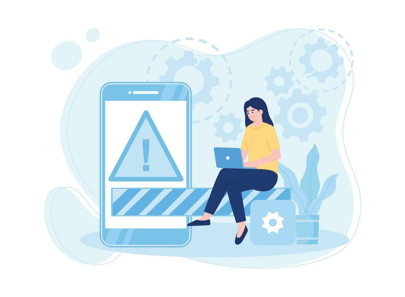 female repairman is repairing mobile phone with laptop concept flat illustration vector