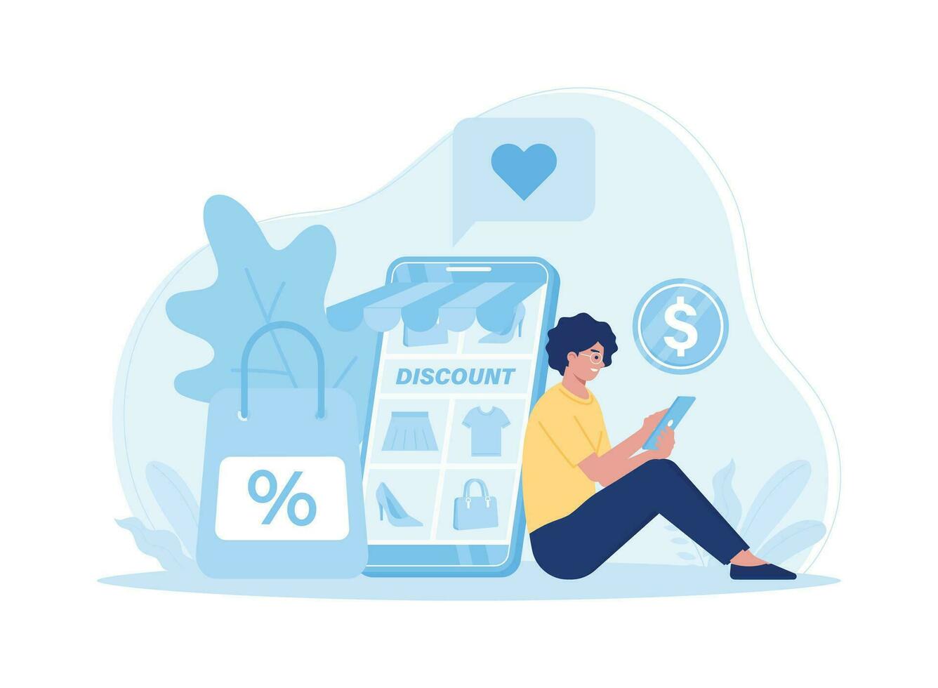 mujer compras a en línea tienda obtener grande descuentos concepto plano ilustración vector