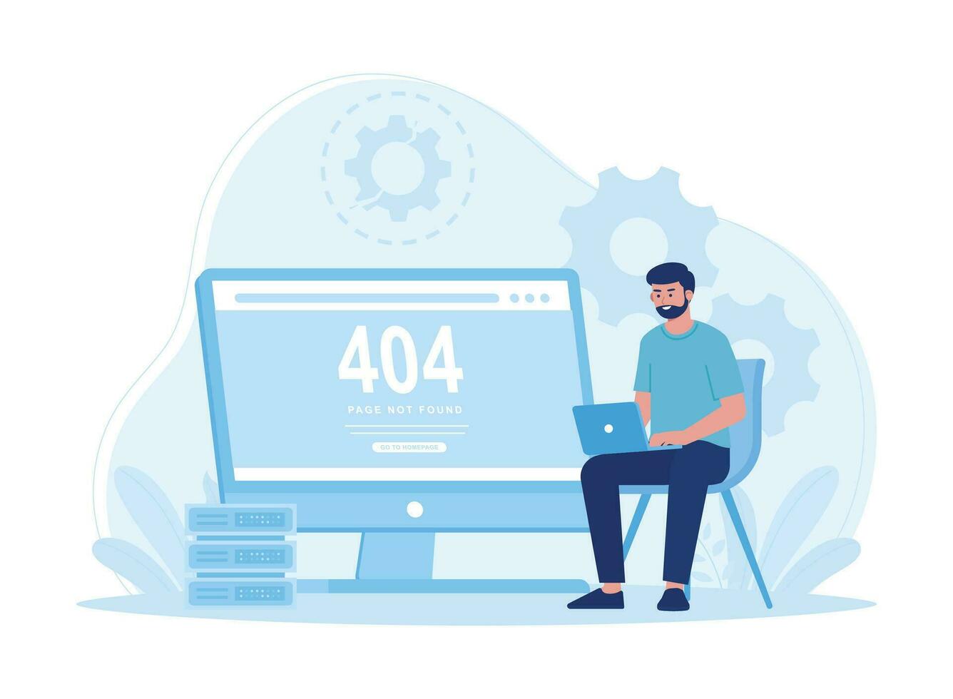 man with laptop fixing web error 404 concept flat illustration vector