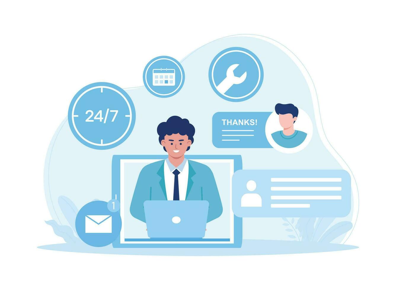 customer service, hotline operator consults with customer with headset on computer concept flat illustration vector
