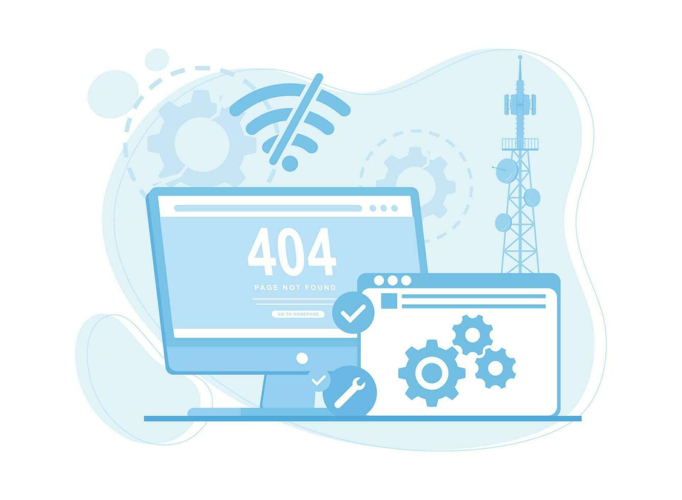 computer screen error page 404 no internet connected concept flat illustration vector