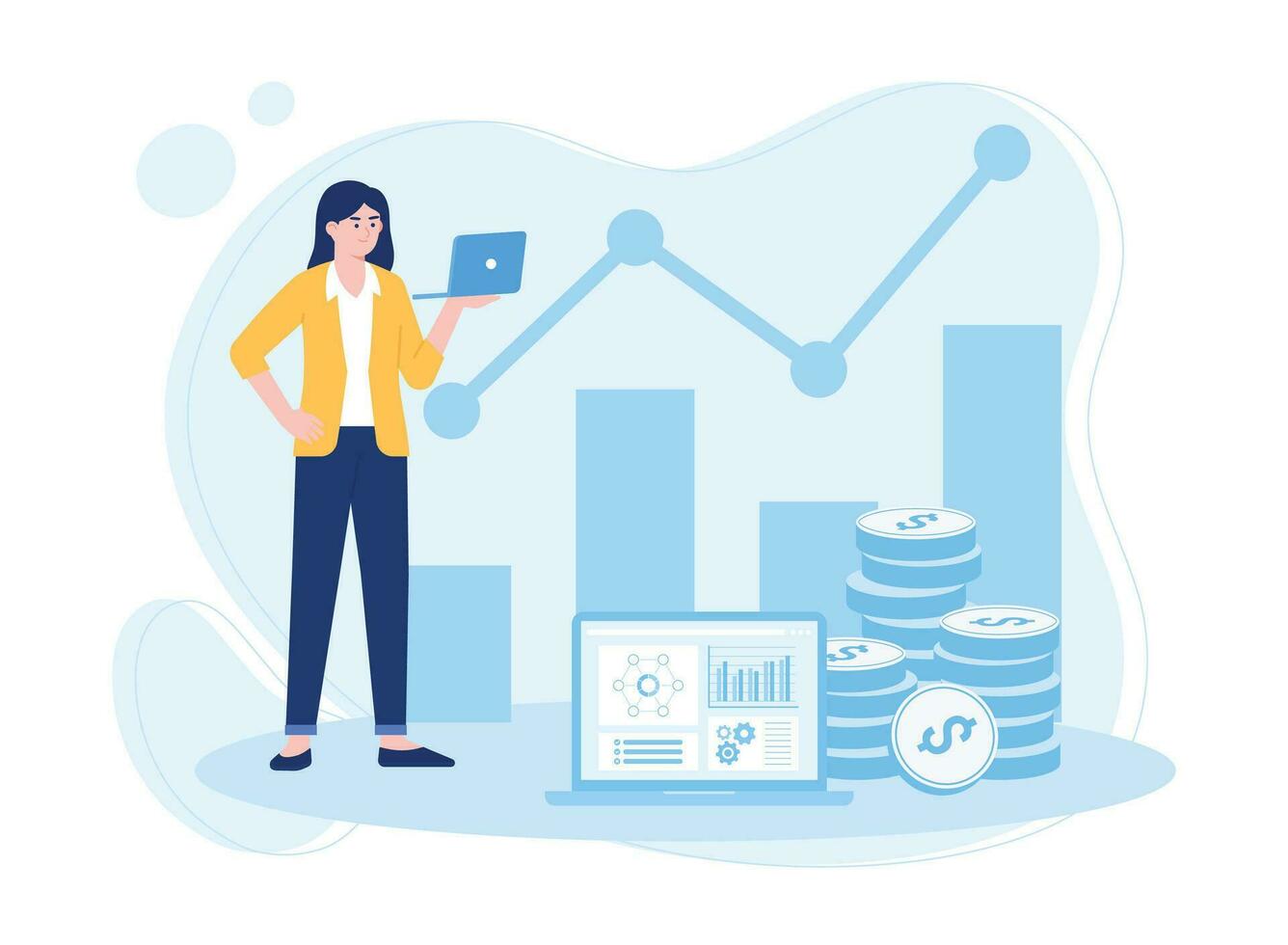 businesswoman standing with laptop concept of progress  business growth  development concept flat illustration vector