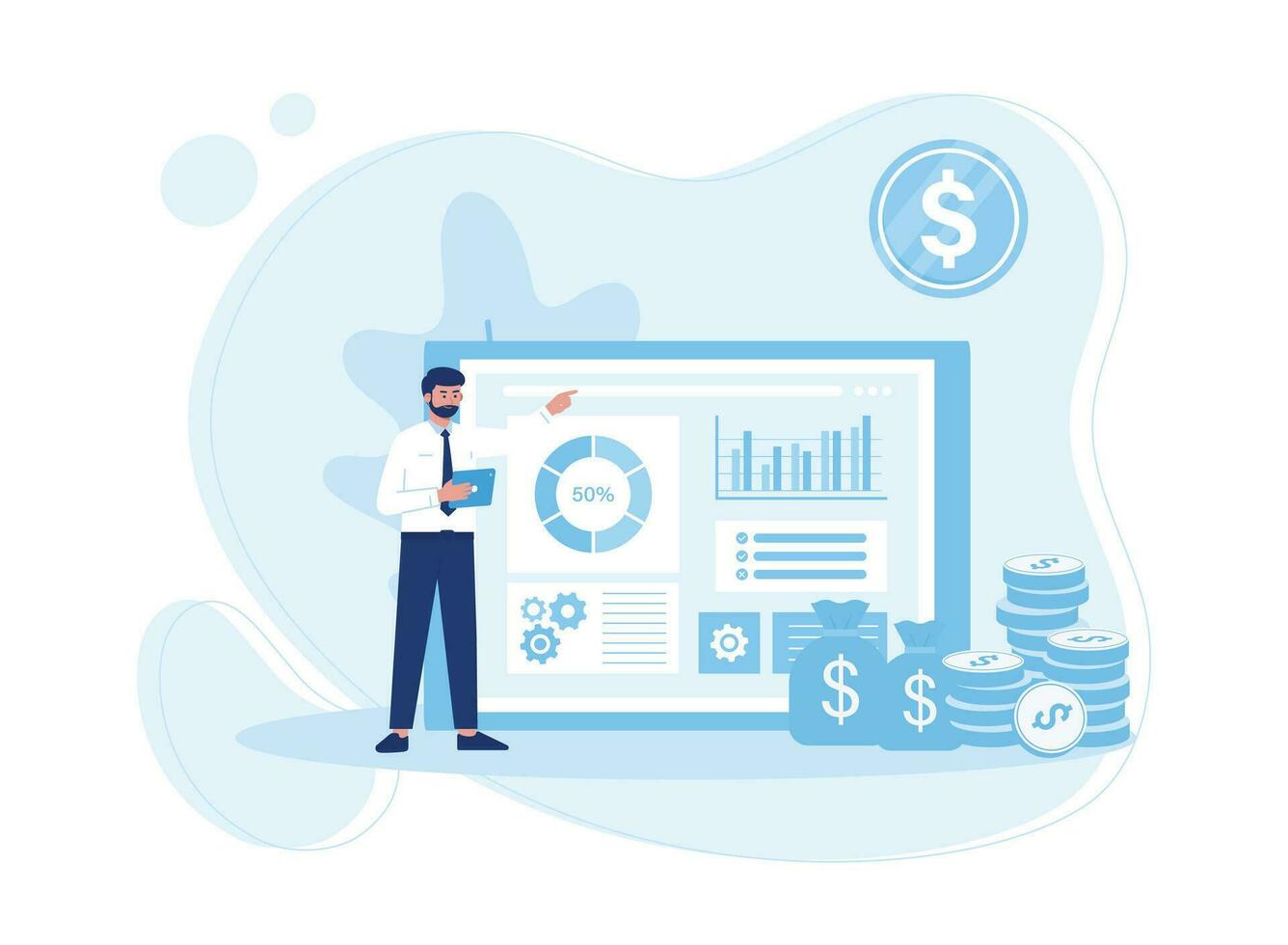 businessman showing graph. stock financial trading market diagram. concept flat illustration vector