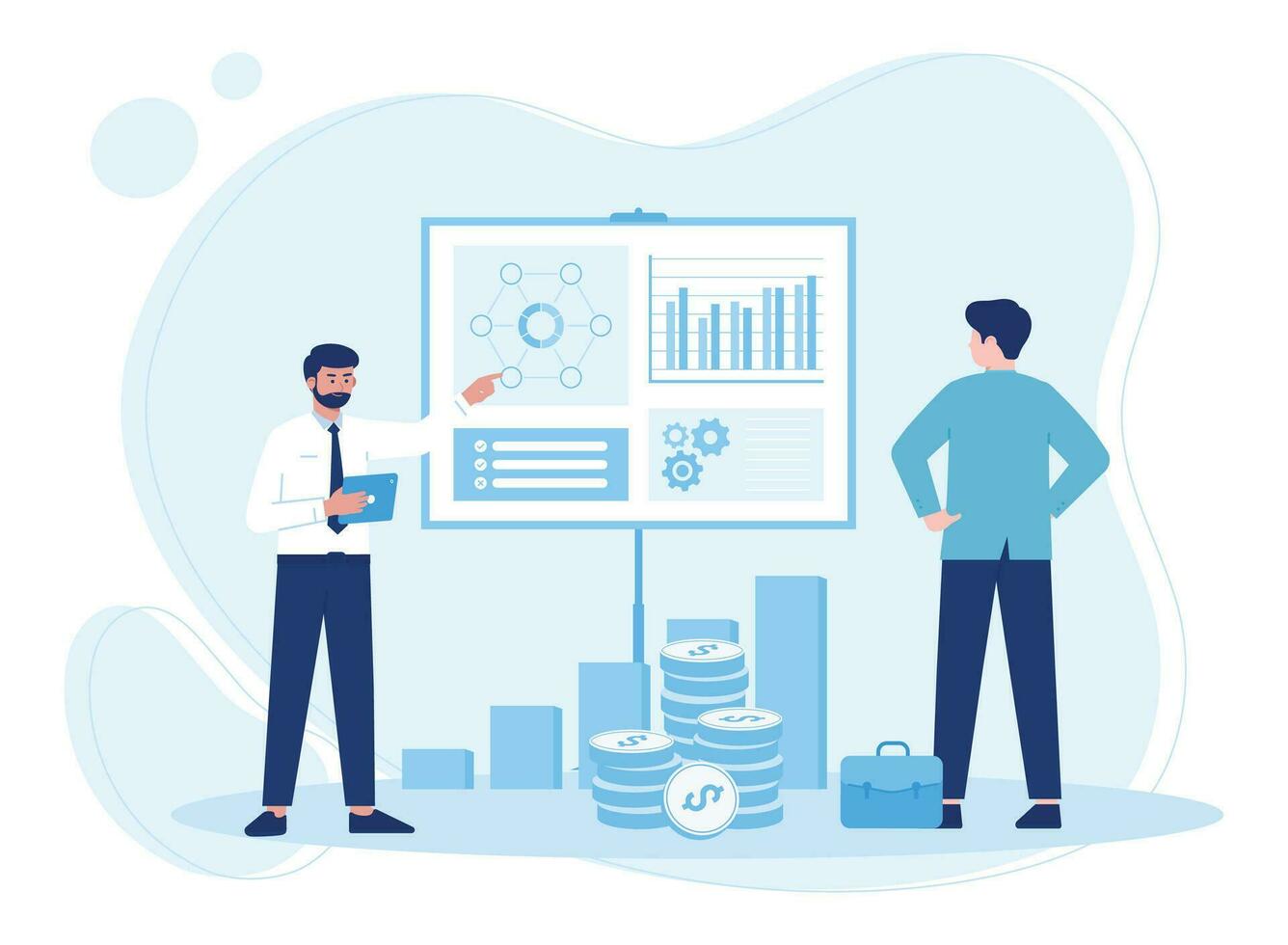 two business people analyzing company data or graphs on a white board concept flat illustration vector