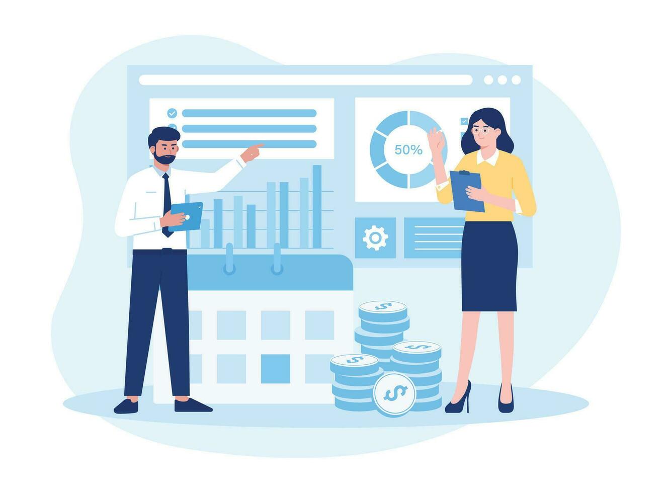 dos negocio personas analizando empresa financiero datos concepto plano ilustración vector