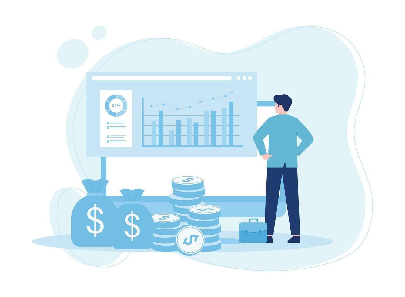 man looking at company analysis data screen concept flat illustration vector