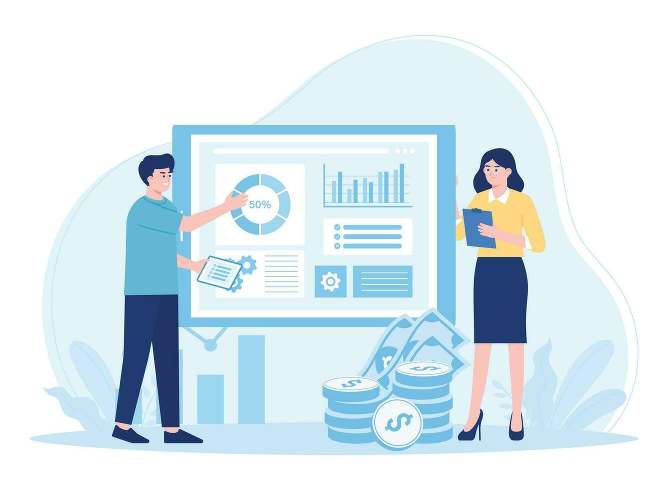 two businessman showing graph. stock financial trading market diagram. concept flat illustration vector