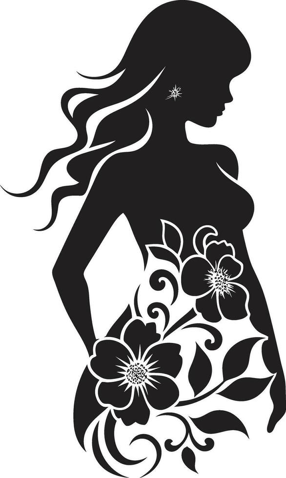 Abstract Flora Fusion Black Artistic Woman Blossom Emblem Elegant Botanical Ensemble Vector Woman in Full Floral Bloom