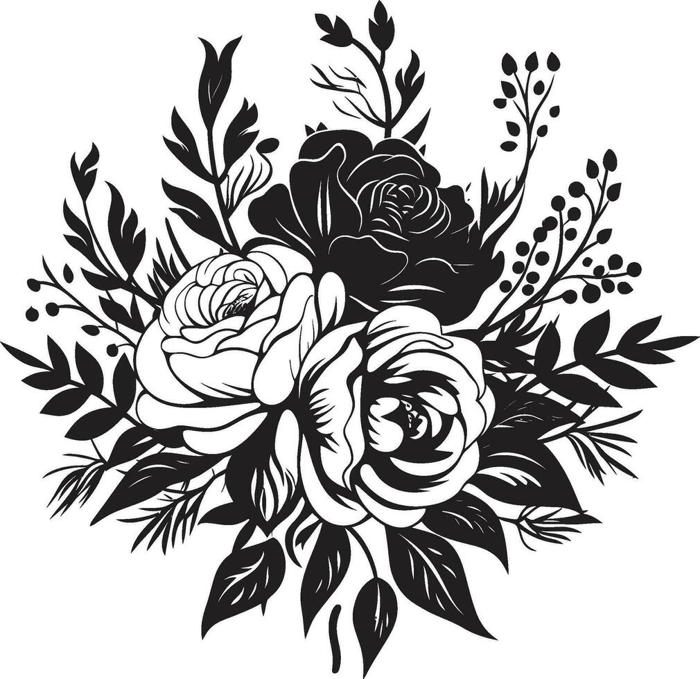 real floral popurrí negro ramo de flores emblema elegante pétalo fusión decorativo negro icono vector