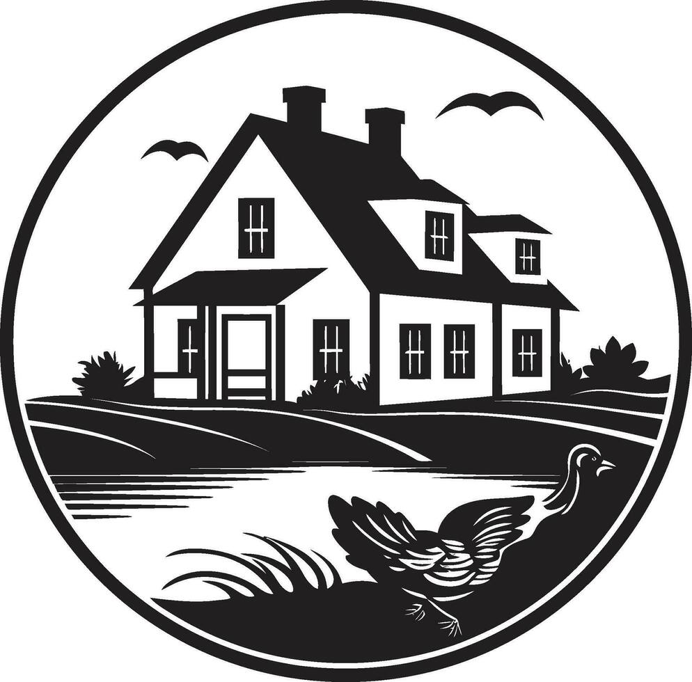 Harvest Homestead Icon Farmers House Design in Vector Agrarian Homestead Emblem Farmhouse Design Vector Icon