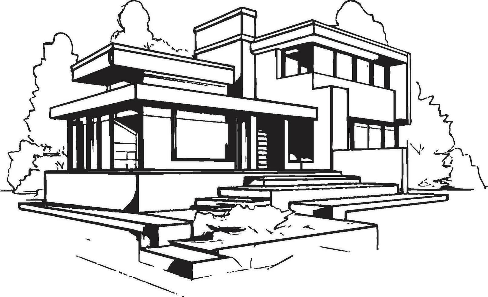 Symmetrical Dwelling Sketch Duplex House Design Vector Emblem Double Residence Blueprint Sketch Idea for Duplex Vector Logo