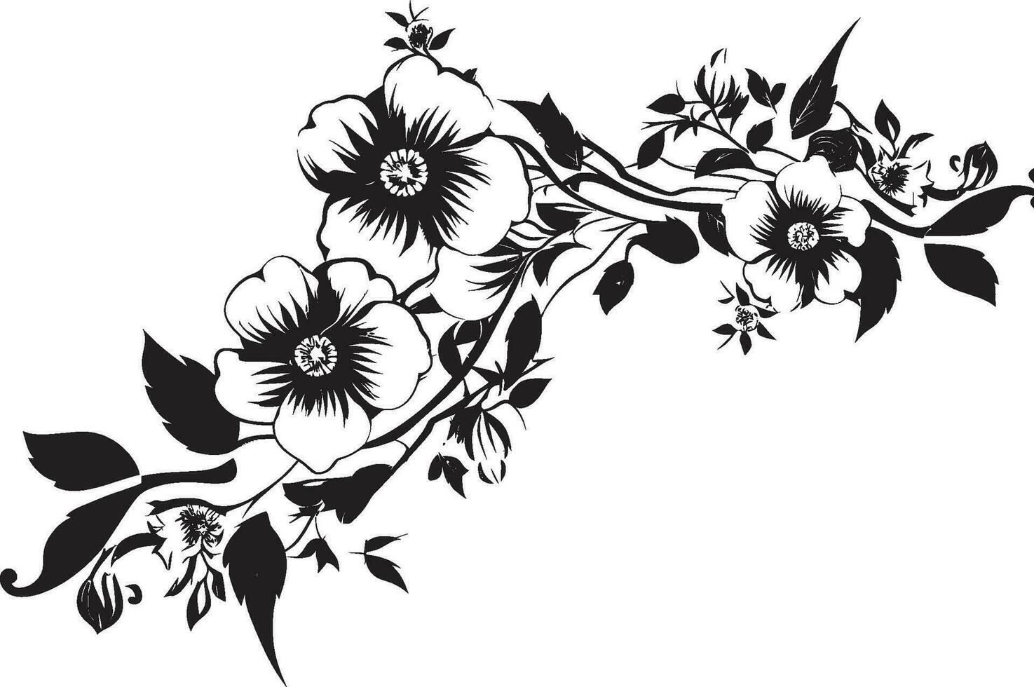 Intricate Floral Scrolls Black Vector Iconic Embellishments Whimsical Noir Petal Designs Invitation Card Ornaments