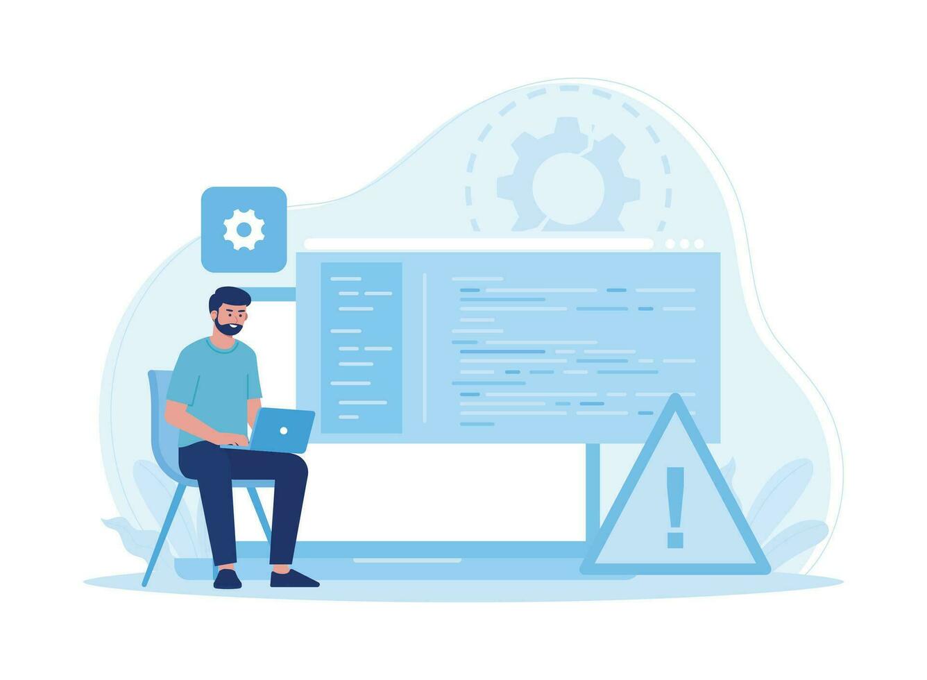 man sitting with a laptop fixing a web error concept flat illustration vector