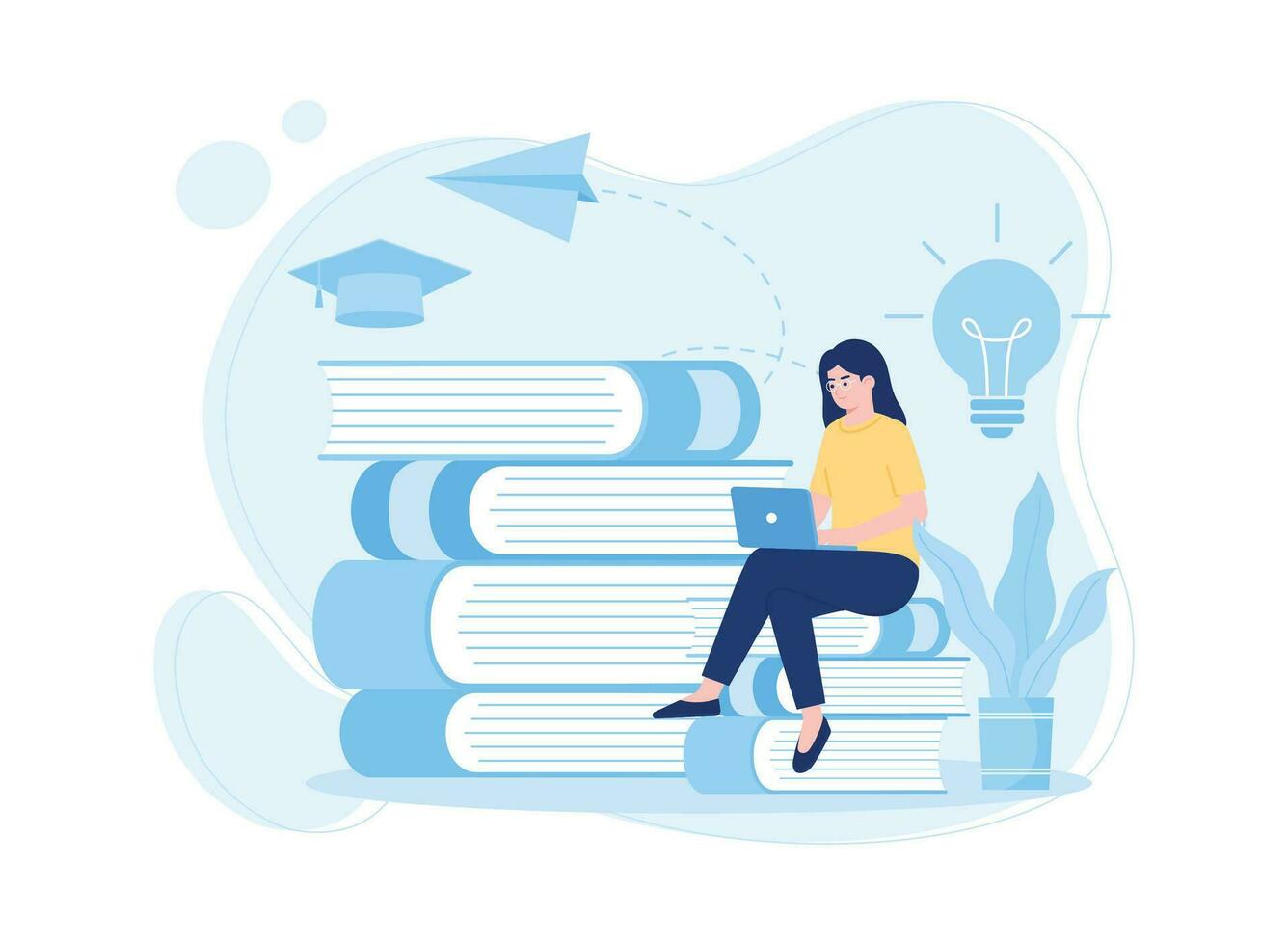 woman in front of a laptop sitting with books on online learning concept flat illustration vector