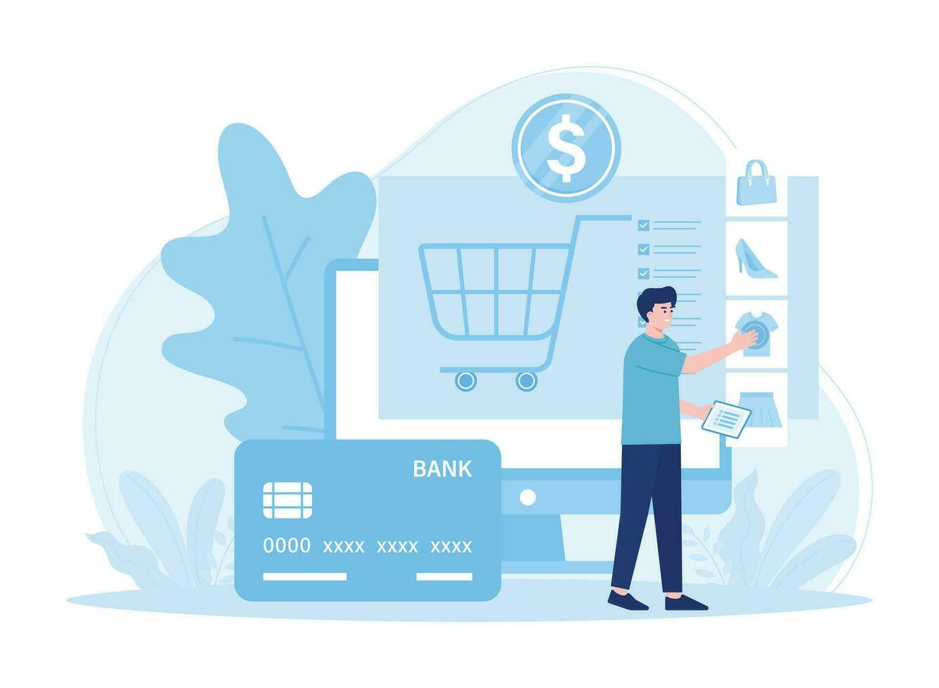 man buying goods in shop online transfer concept flat illustration vector