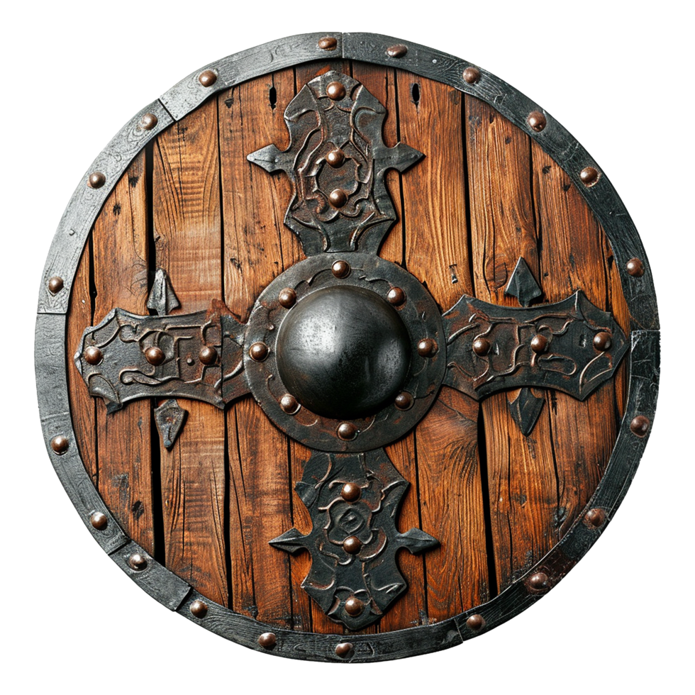 AI generated Round wooden shield set isolated on transparent background png