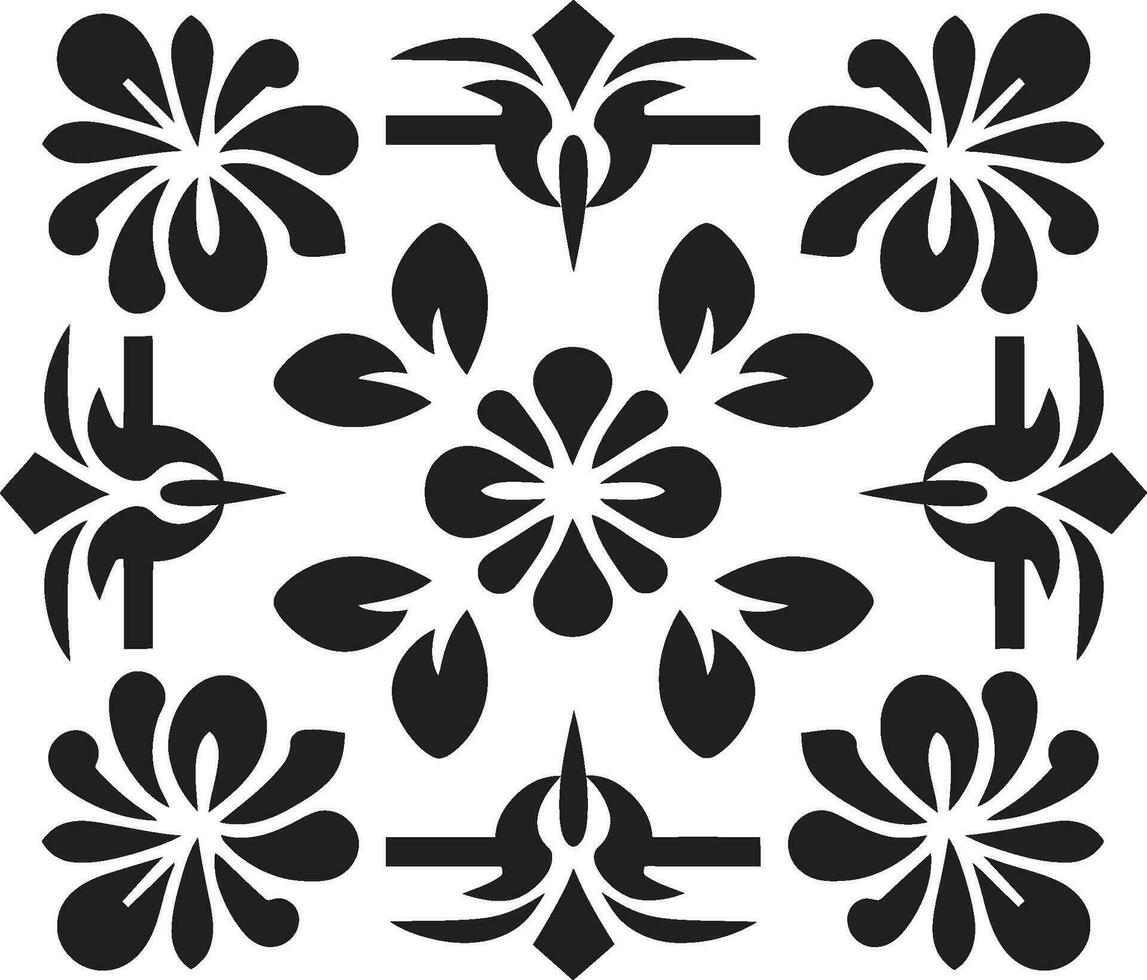 Floral Gridwork Black Vector Logo with Tiles Geometric Harmony Floral Tile Pattern in Black