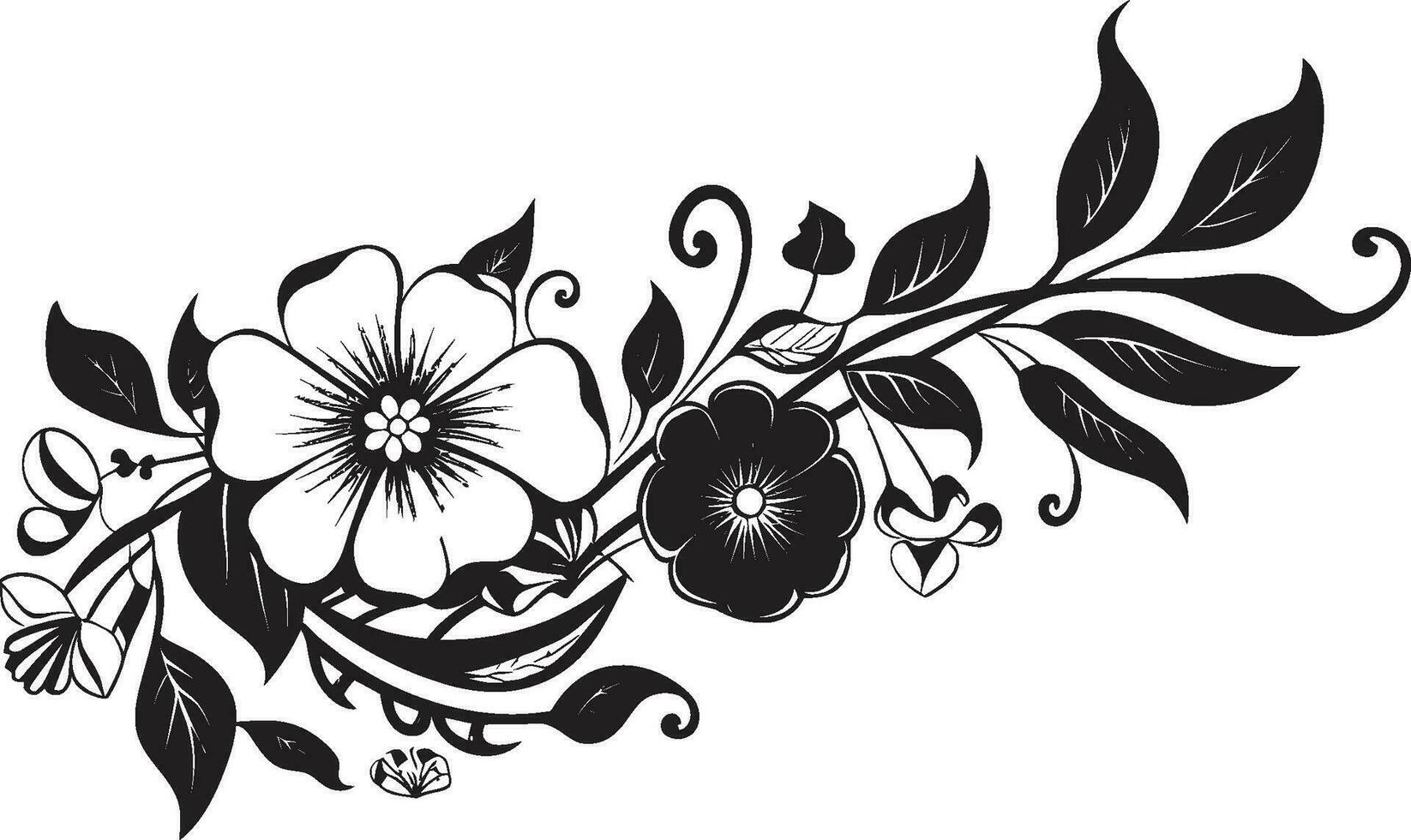 Intricate Petal Compositions Black Ornate Emblem Designs Whimsical Noir Blossom Impressions Invitation Card Icons vector