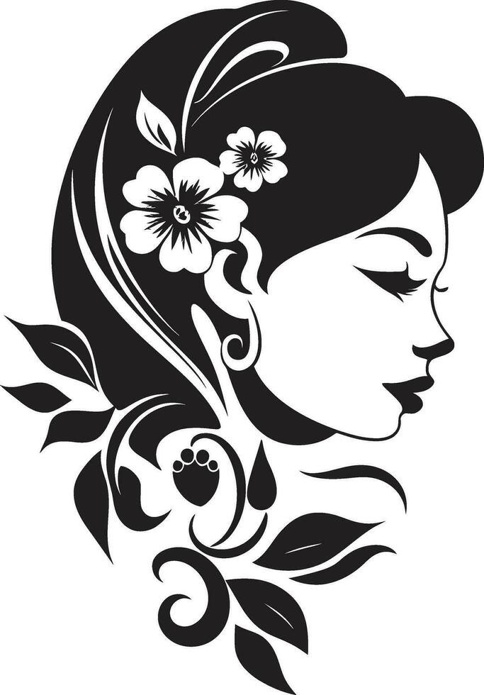 Abstract Flora Fusion Black Artistic Face Emblem Elegant Botanical Glamour Vector Woman Icon