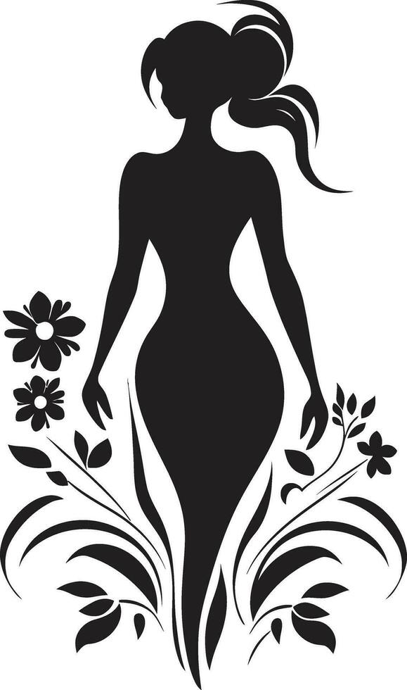 elegante botánico conjunto vector mujer en lleno floral floración agraciado lleno cuerpo florales negro emblema diseño con mujer