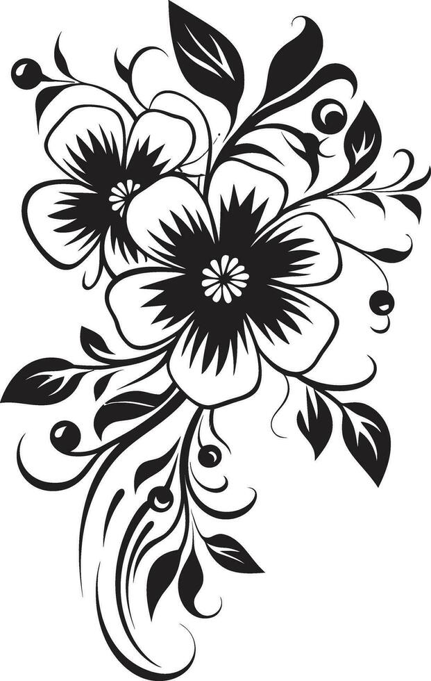 Whimsical Botanical Sketch Black Iconic Design Vintage Floral Essence Hand Drawn Black Emblem vector