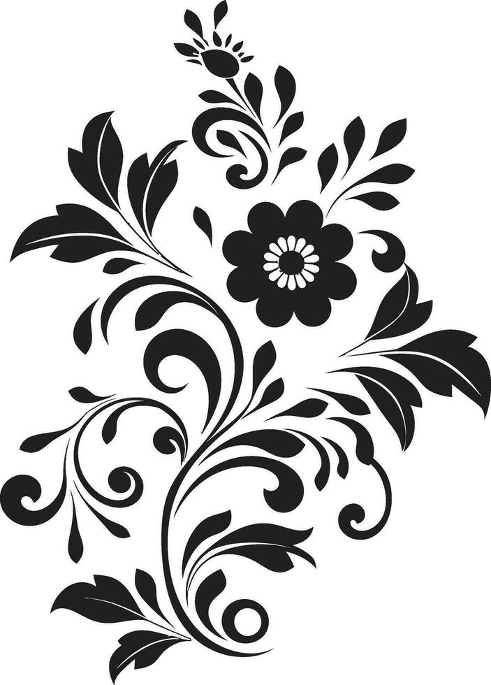 Intricate Floral Whirlwind Black Iconic Logo Elegant Botanical Sketch Hand Drawn Noir Emblem vector