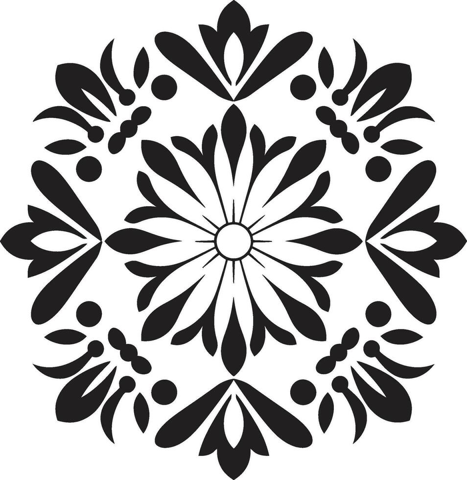 Vector Florals Geometric Tile Pattern in Black Patterned Petal Grid Black Floral Vector