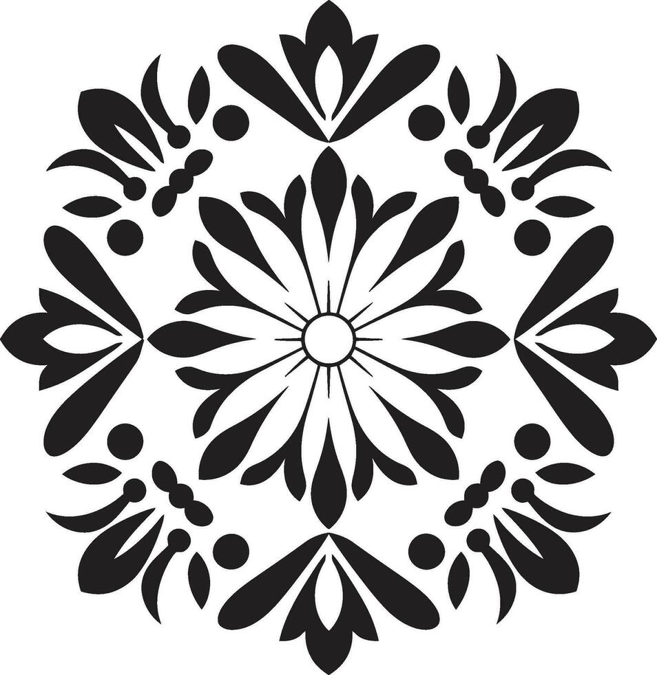 Vector Florals Geometric Tile Pattern in Black Patterned Petal Grid Black Floral Vector