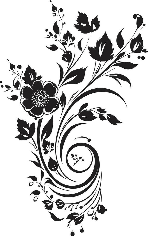 Vintage Floral Chic Black Icon with Hand Drawn Design Abstract Floral Charm Hand Rendered Black Vector Icon