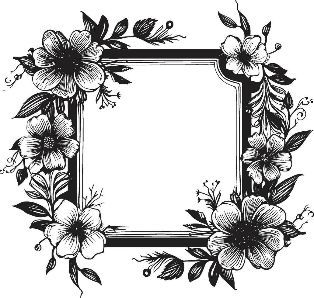 Elegant Blossom Surround Decorative Black Frame Intricate Floral Embrace Black Frame Logo vector