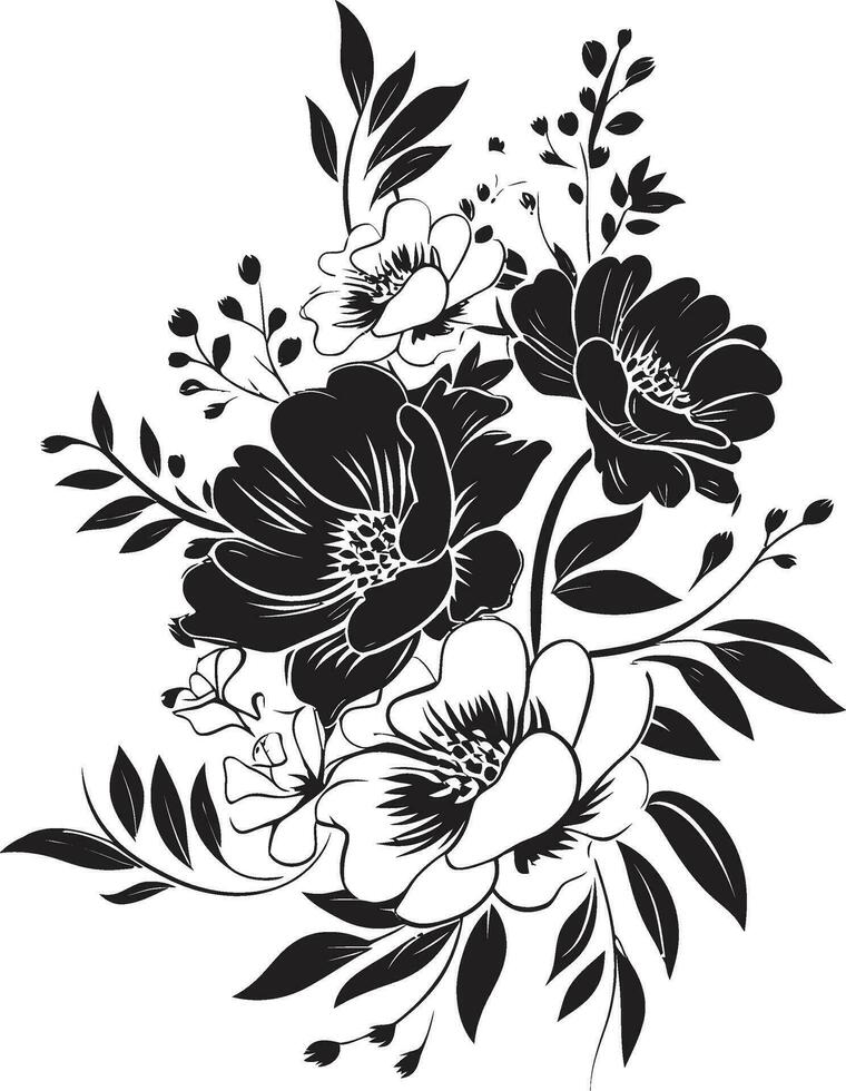 Noir Blossom Etchings Moody Floral Emblem Chronicles Vintage Bloom Noir Handcrafted Black Vector Icons