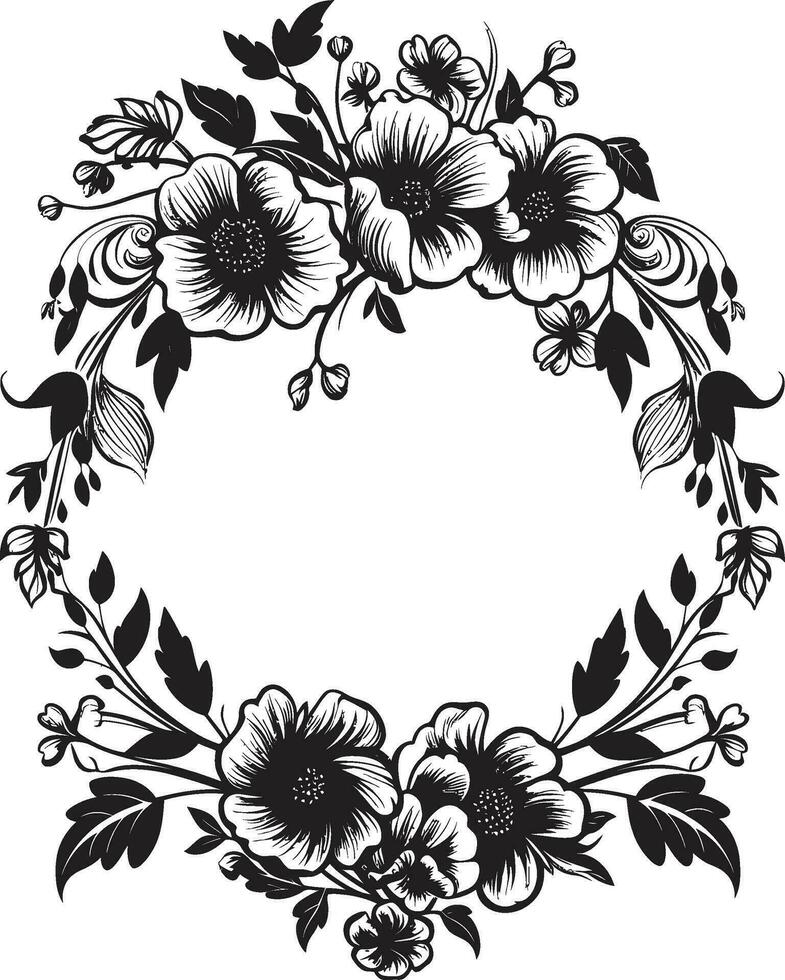 Graceful Flower Frame Decorative Black Icon Botanic Frame Wreath Black Vector Frame