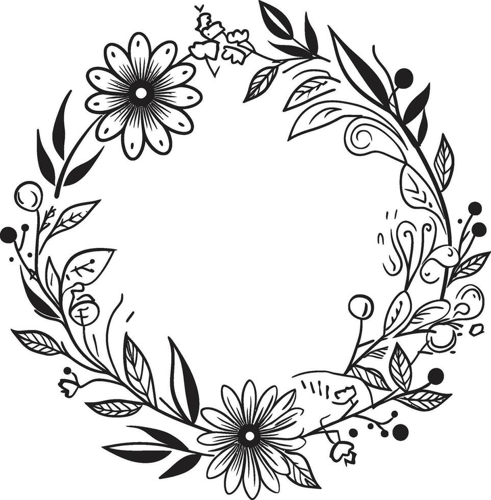 Artistic Petal Whirl Wedding Black Icon Design Minimalist Wreath Sketch Black Floral Emblem vector