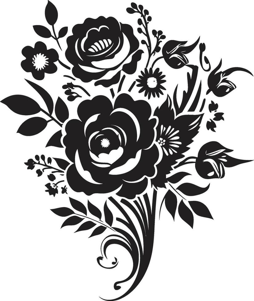 esculpido floración popurrí negro floral diseño gótico flor conjunto decorativo negro icono vector