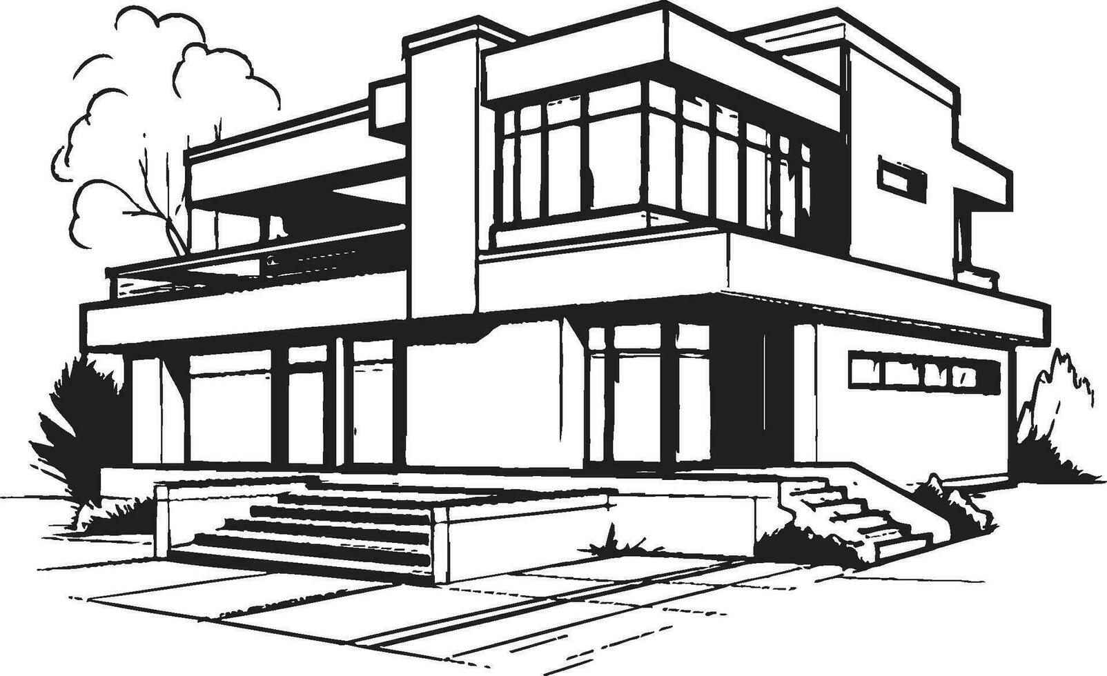 Trendy Urban Villa Impression Bold Black Outline of City Living Cityscape Villa Outline Sleek City House Icon in Urban Style vector