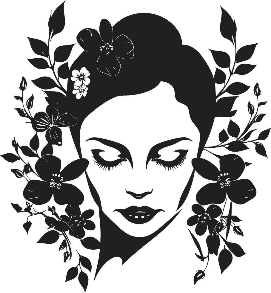 minimalista floral resplandor negro mujer icono sofisticado floración aura hecho a mano emblema vector