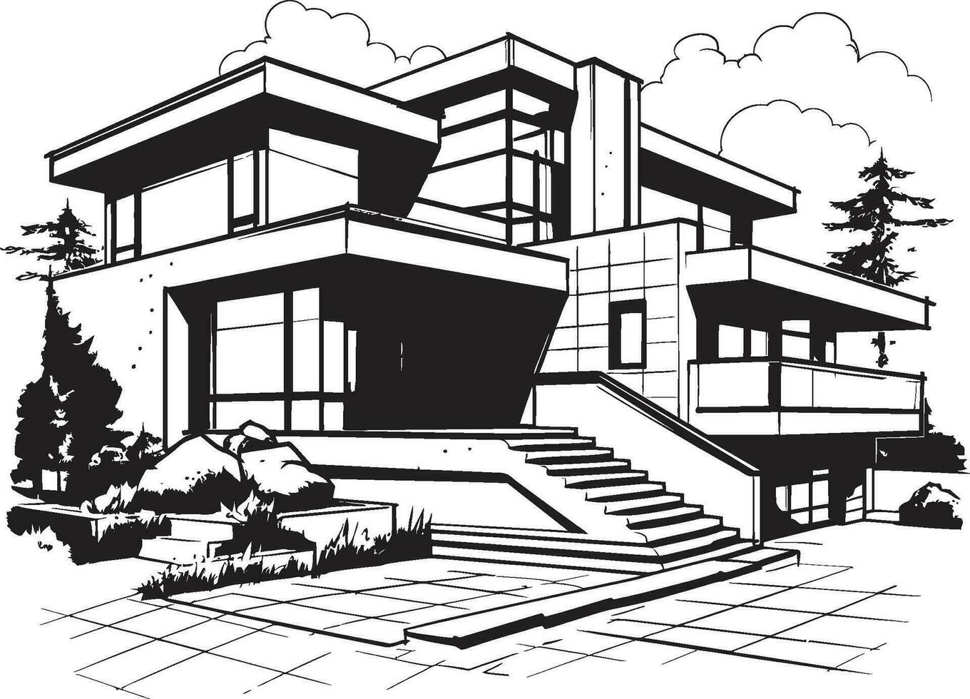 Cityscape Mansion Sketch Villa Vector Outline in Bold Black Stylish Cityline Residence Villa Icon in Sharp Black Lines