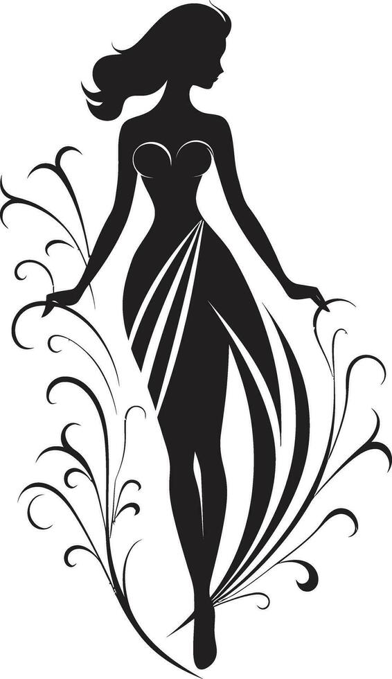 Elegant Botanical Ensemble Vector Woman Icon Graceful Full Body Florals Black Emblem Design