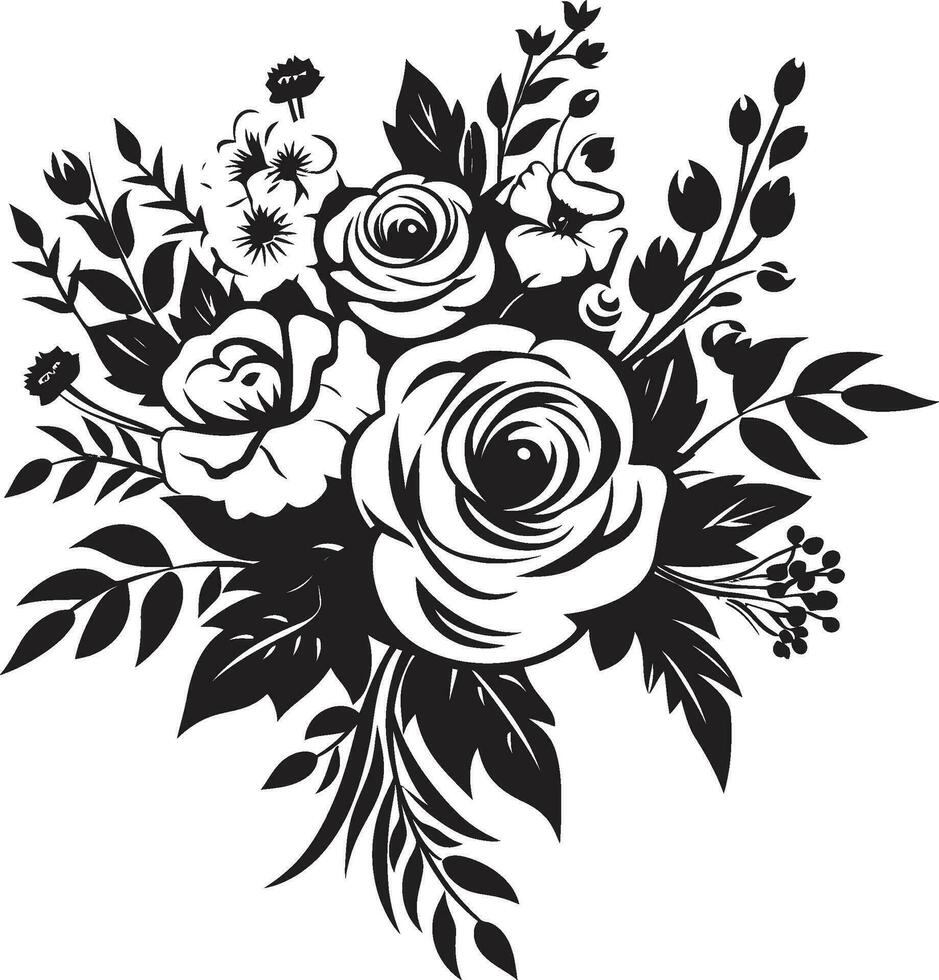 Ethereal Blossom Ensemble Decorative Black Icon Timeless Flower Posy Black Bouquet Emblem vector