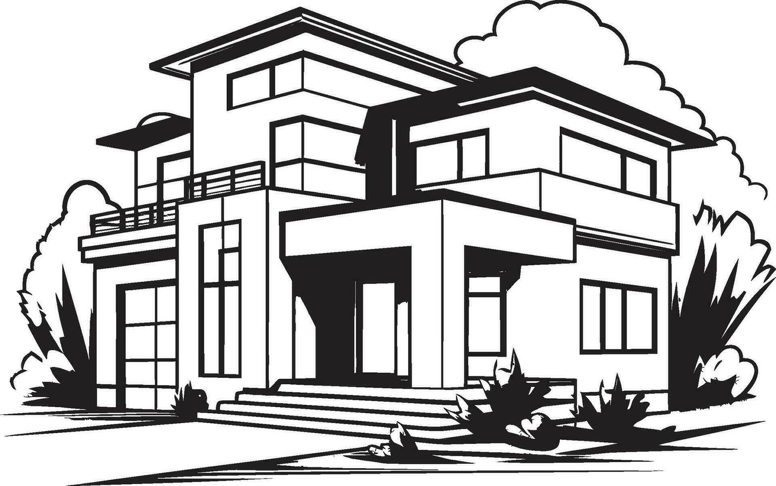 Modern Urban Residence Villa Outline Symbolizing Urban Elegance Cityline Villa Silhouette Black Outline Vector of Urban Living