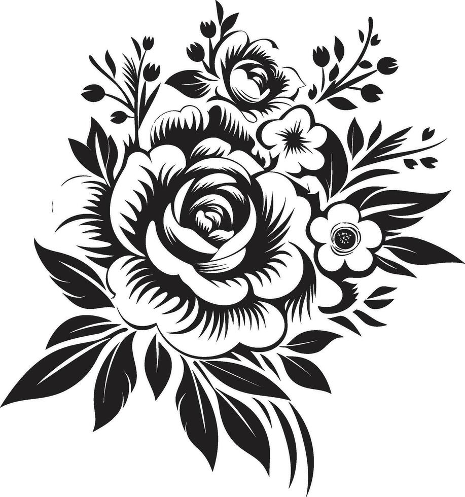 Clásico florecer racimo negro floral logo sofisticado ramo de flores encanto decorativo negro icono vector