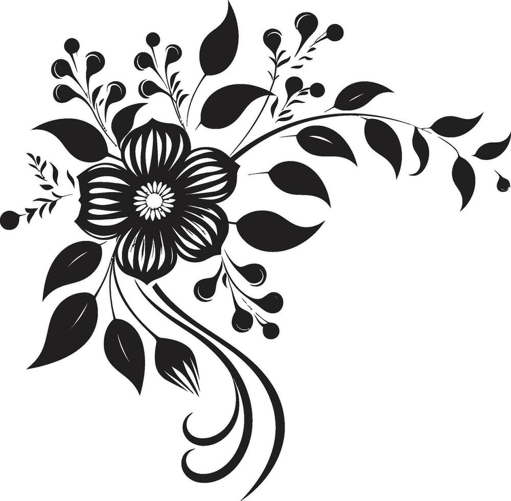 Organic Noir Blossoms Hand Rendered Vector Design Intricate Botanical Artistry Black Hand Drawn Emblem