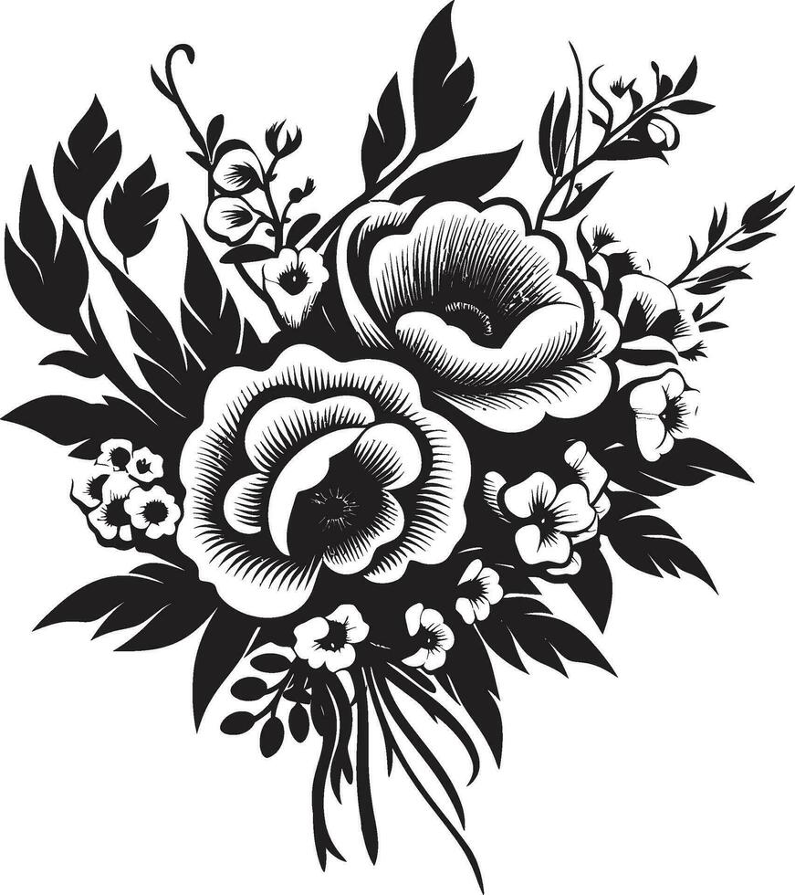 Clásico ramo de flores encanto decorativo negro icono radiante floración conjunto negro floral ramo de flores diseño vector