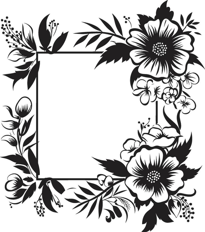 Harmonious Petal Flourish Black Frame Logo Elegant Blossom Encase Decorative Black Icon vector