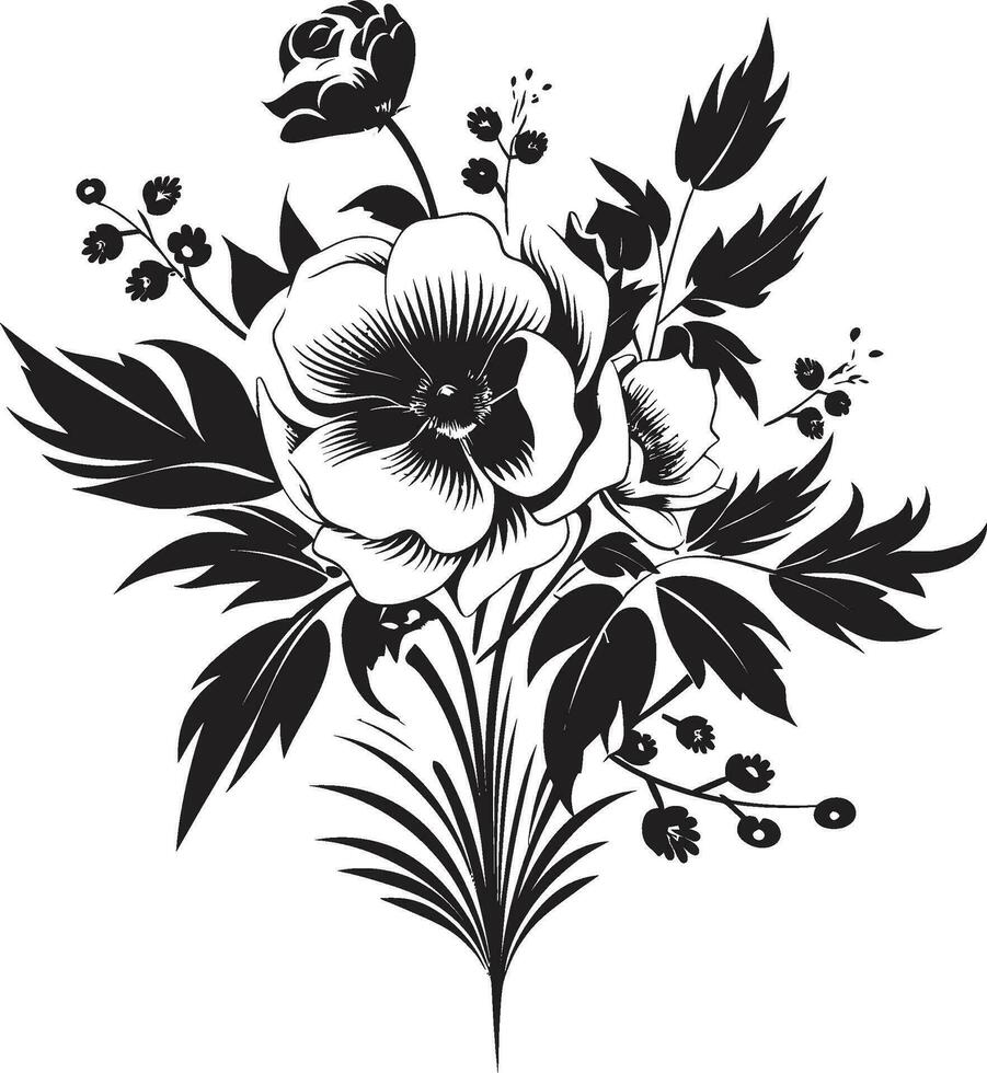Radiant Bloom Ensemble Black Floral Bouquet Design Graceful Petal Fusion Decorative Black Emblem vector